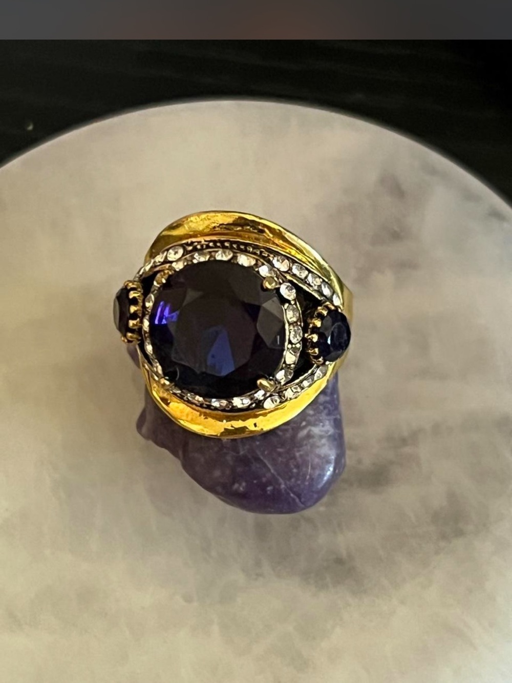 Gold-Tone Amethyst Cocktail Ring - Deep Purple Statement - Picture 6 of 8